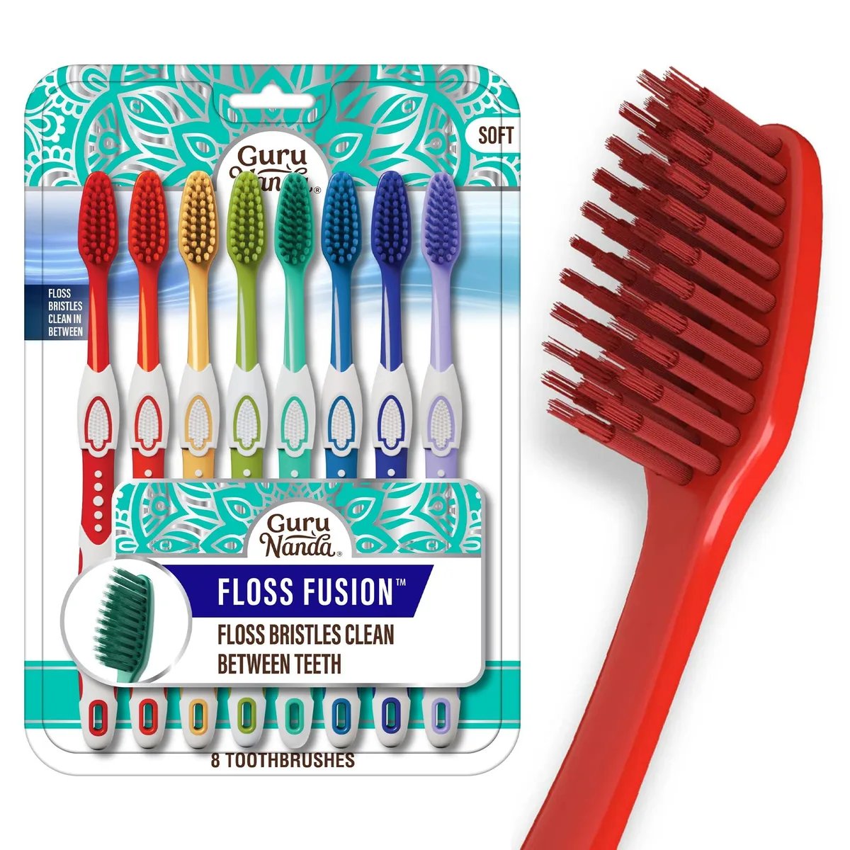 Eight white manual toothbrushes with soft tapered bristles in assorted colors