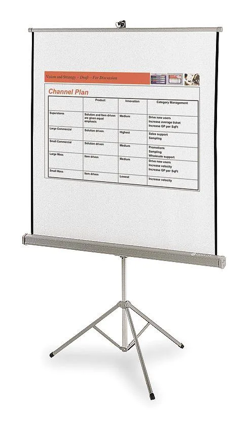 White square projection screen on a silver tripod stand