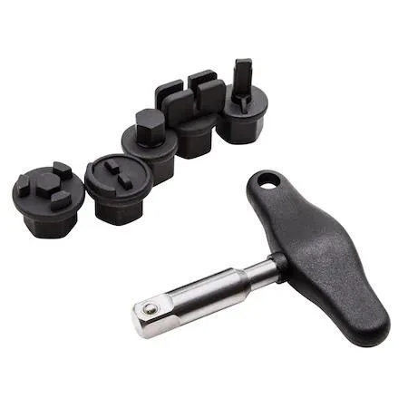 Six-piece oil drain plug wrench kit with chrome T-handle and black oxide adapters