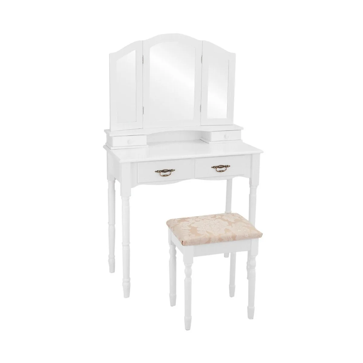 White vanity table with tri-fold mirror, four drawers, padded stool, solid wood legs