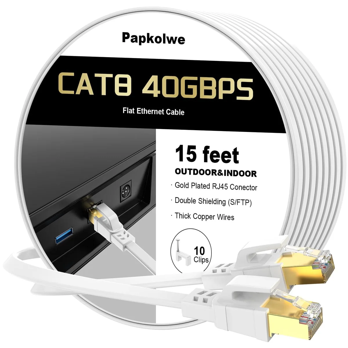 White flat Cat 8 ethernet cable 15 ft with gold RJ45 connectors