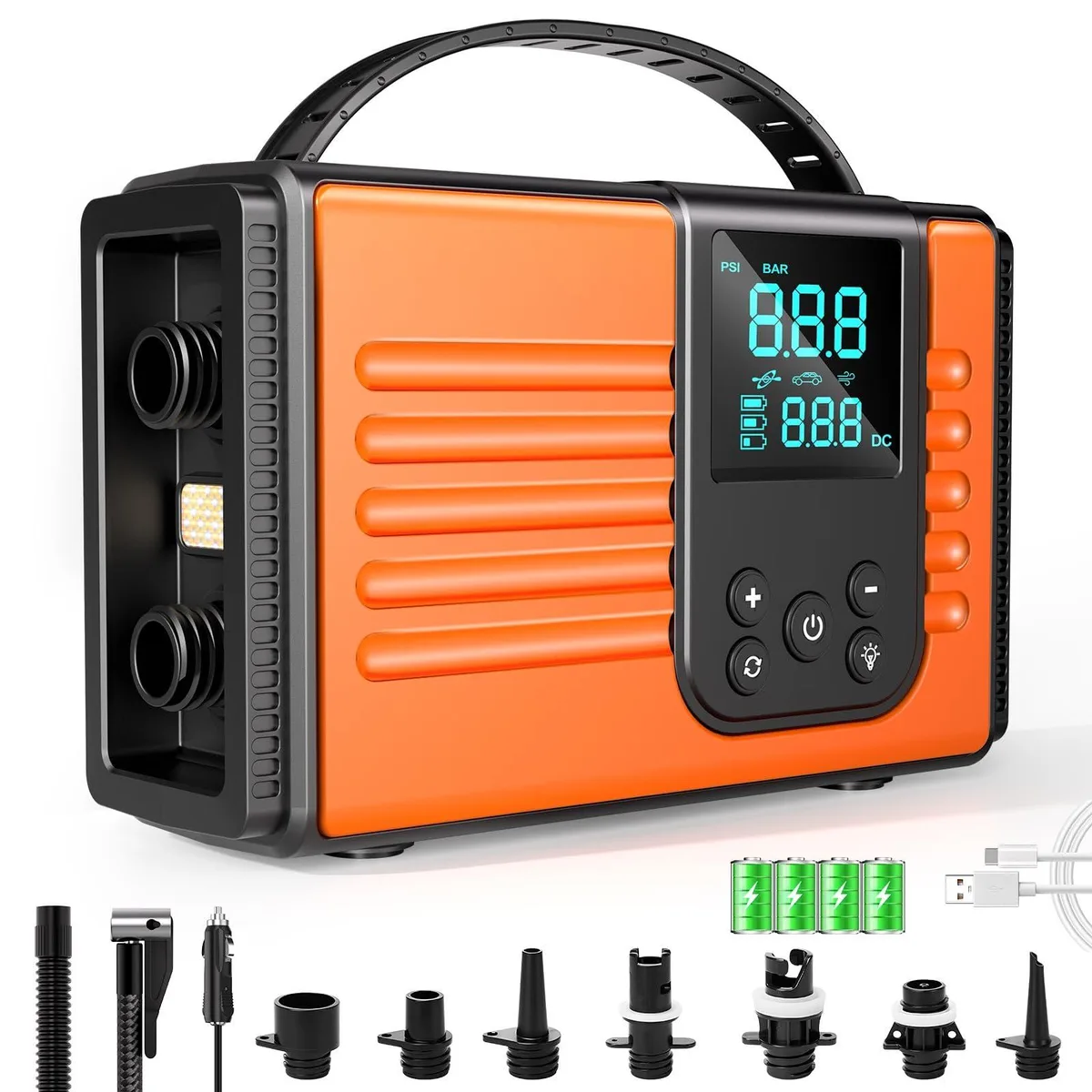 Orange plastic electric pump, rectangular body, digital display, hose attached, Type-C port visible