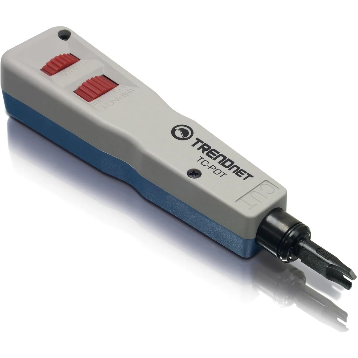 Grey punch-down tool with interchangeable 110 Krone blades and comfort grip