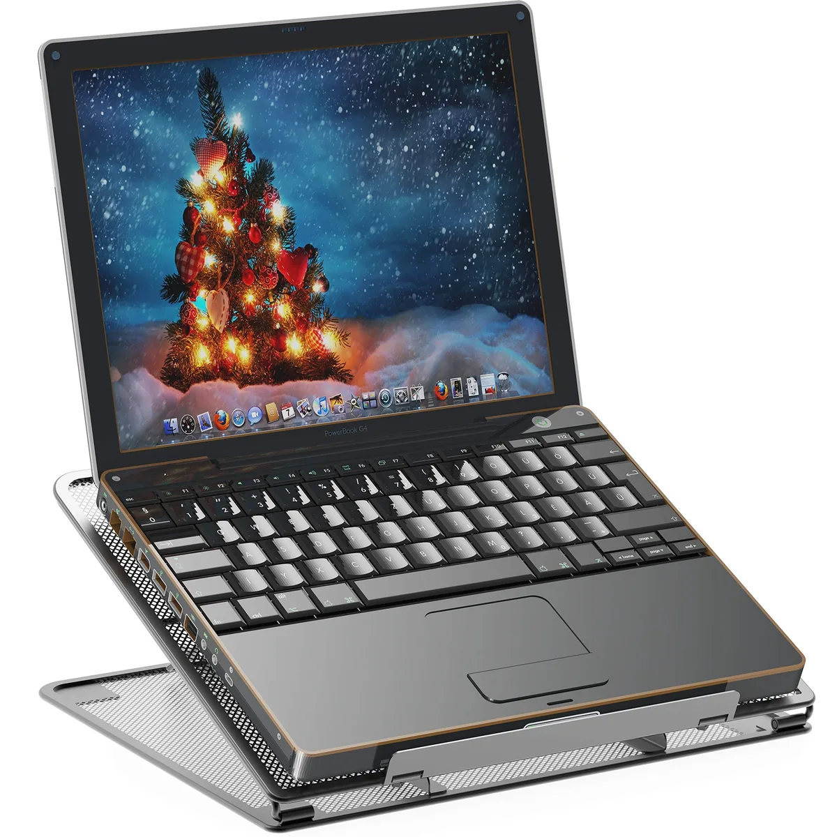 Black mesh laptop stand with adjustable steel frame, folds flat, 13.2 by 11.1 inches