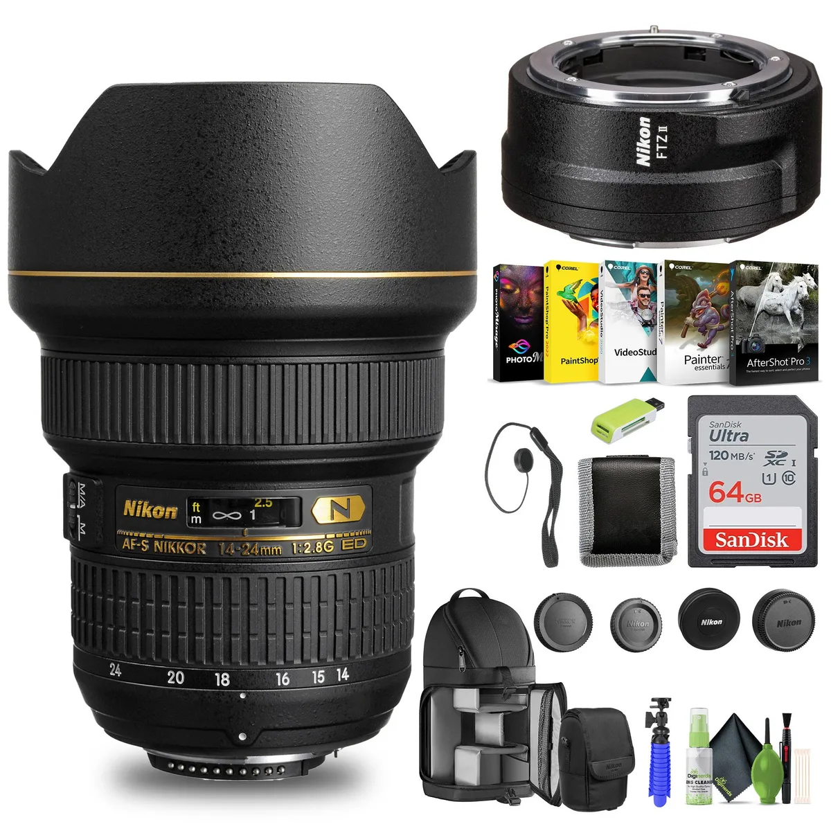 Nikon Inc Nikon AF-S NIKKOR 14-24mm f/2.8G ED Lens Bundle with FTZ II Adapter, 64GB Card, Accessories — product photo