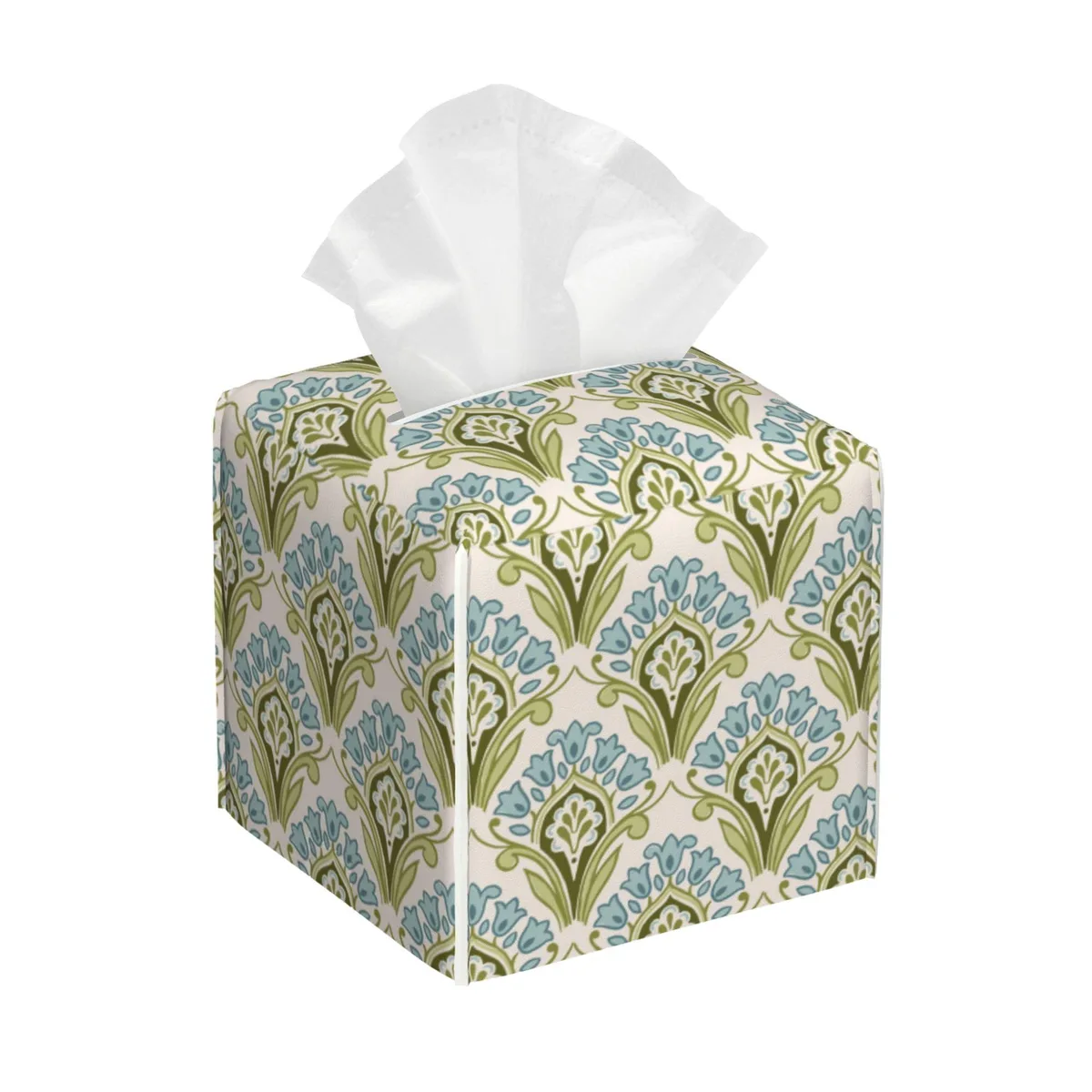 Square green and blue floral tissue box holder, 5.2 inch PVC leather
