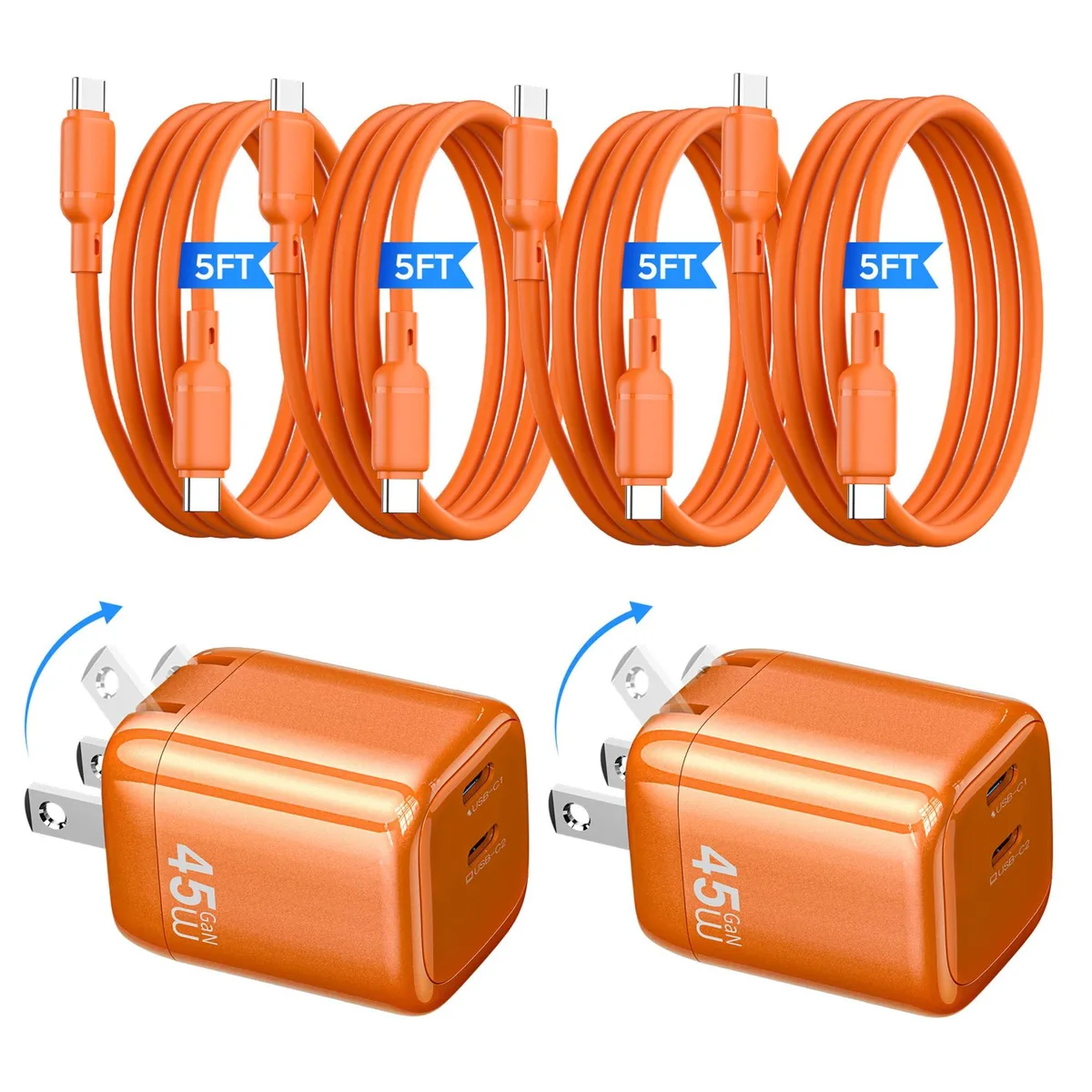 Two orange compact GaN wall chargers with foldable plugs and four USB-C cables