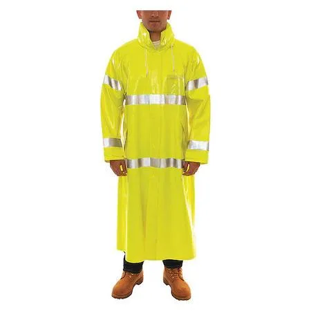 Green-yellow flame-resistant PVC rain coat with packable hood and snap front
