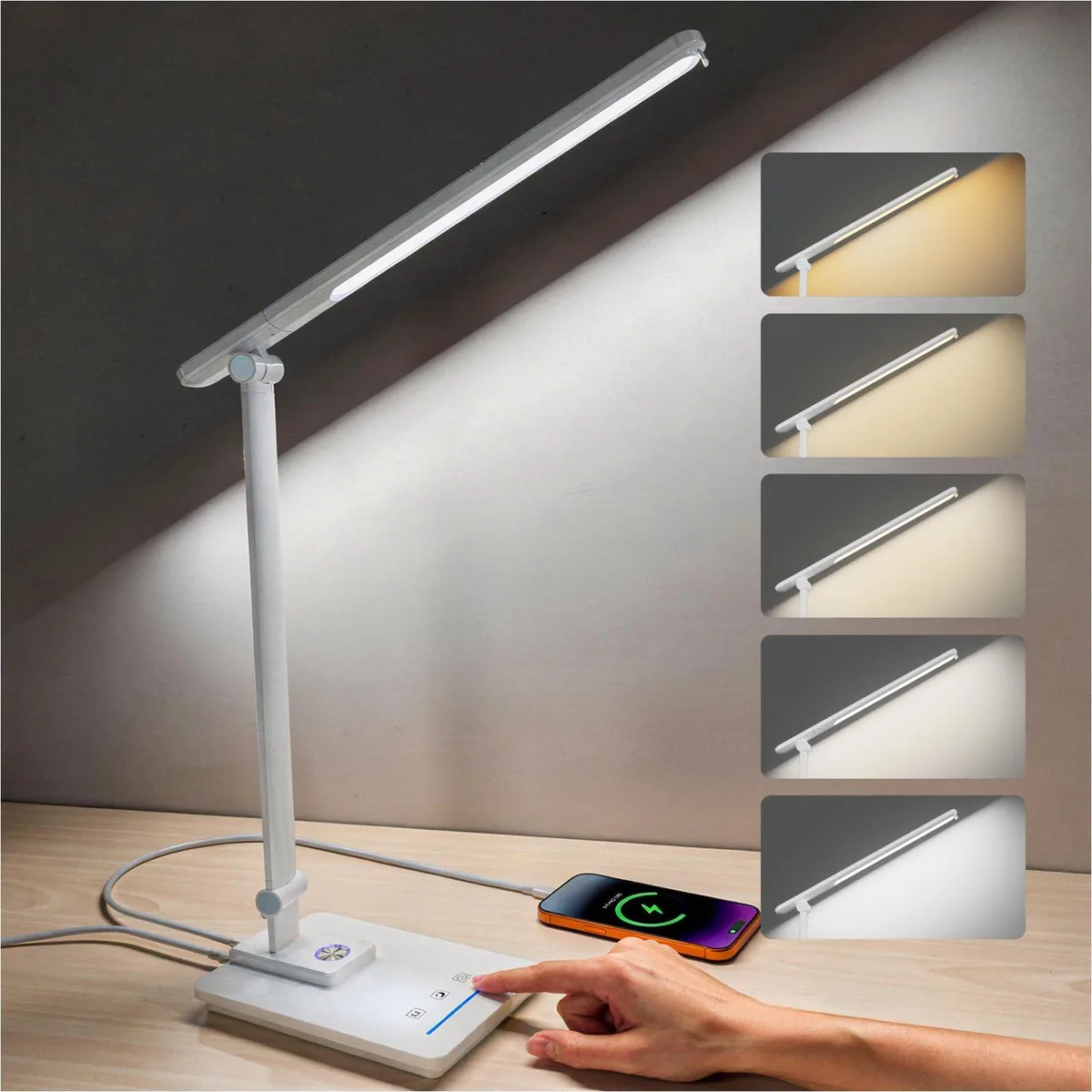 White glossy desk lamp with three adjustable joints and a USB port on the base