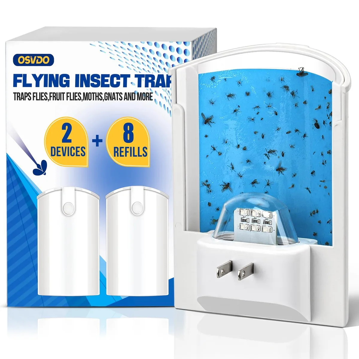 Two white curved plug-in traps with UV LEDs and sticky refill cartridges