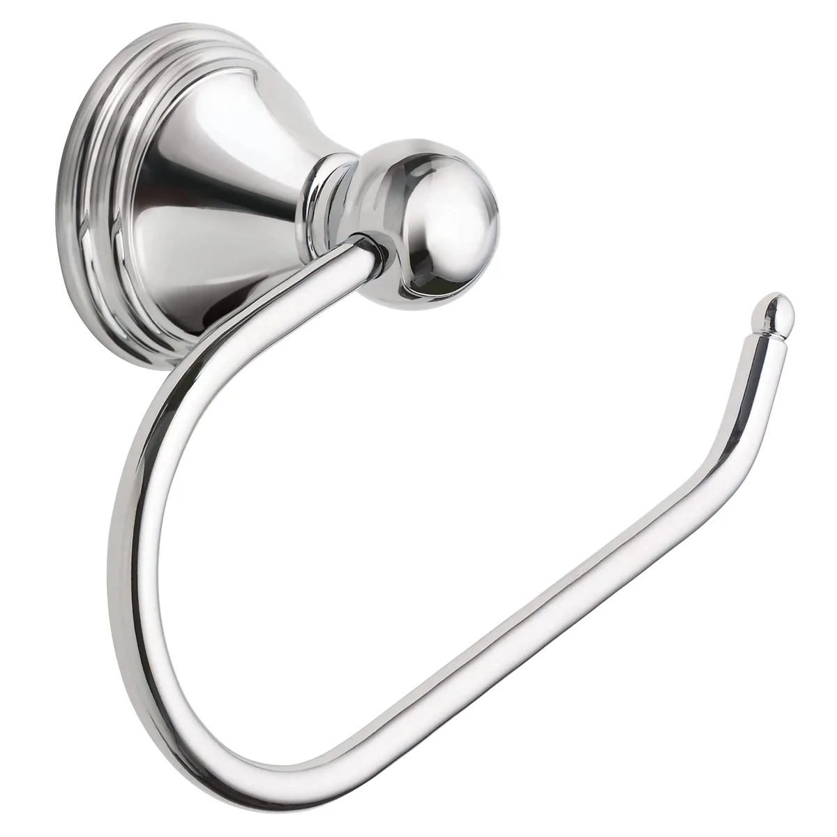 Wall-mounted chrome toilet paper holder with open-arm single post design