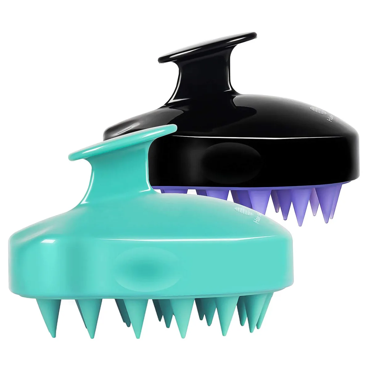 Two black silicone scalp massagers with gourd-shaped handles and soft bristles