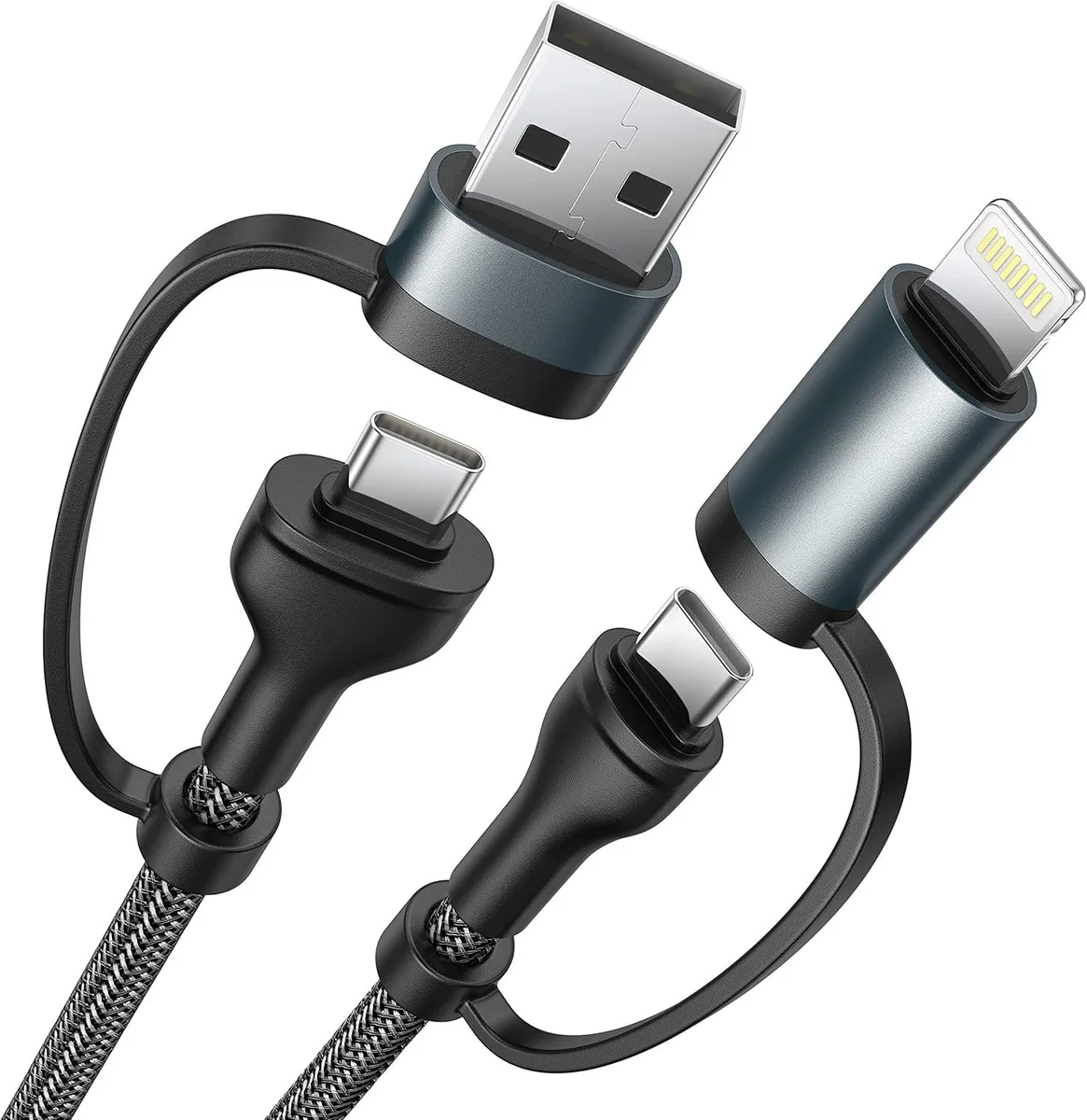 A braided four-in-one cable with USB-C, USB-A and Lightning connectors in black