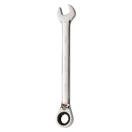Westward ratcheting combination wrench, chrome finish, 13/16 inch SAE, offset head
