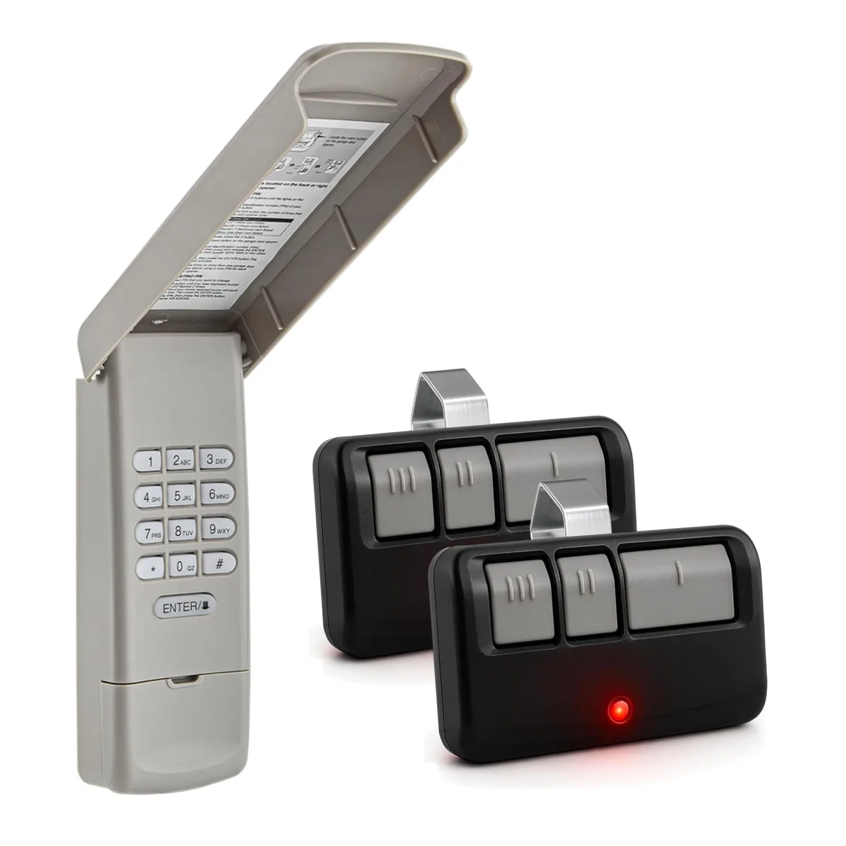 White rectangular wireless keypad with two matching three-button remotes and visor clips