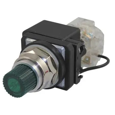 Dayton 30mm green LED pilot light, chrome metal body, round plastic lens