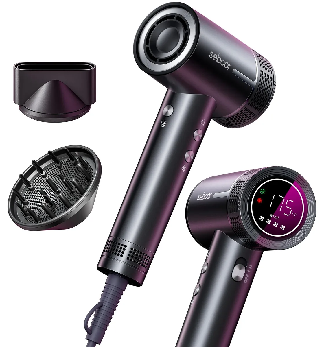 Silver-grey ionic hair dryer with LCD display and magnetic diffuser attachment