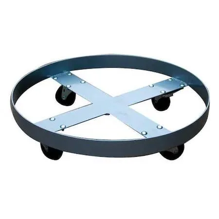 Silver steel drum dolly with four 3-inch solid casters, open round deck, powder-coated frame
