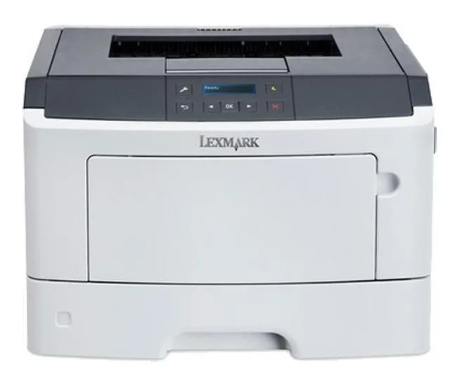 White rectangular Lexmark mono laser printer with toner bundle, front panel display and paper tray visible