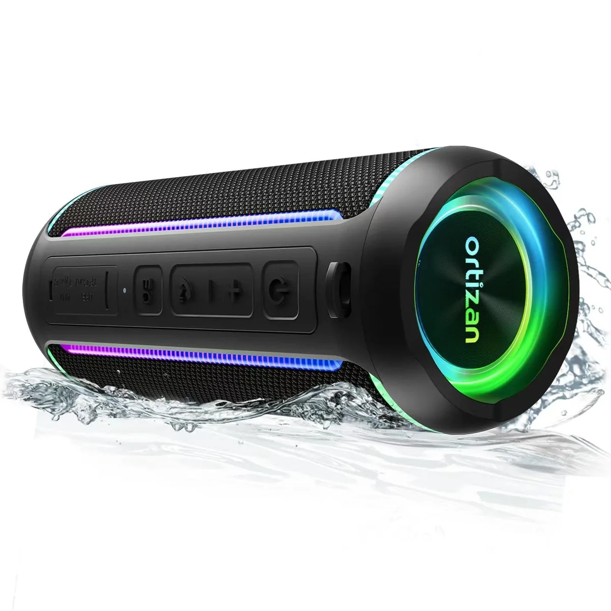 Black portable Bluetooth speaker with front-facing drivers, LED light strips and passive radiators