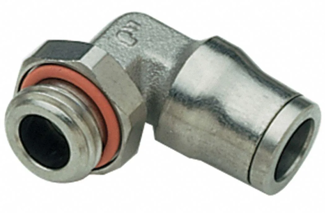 Small brass push-fit elbow fitting with silver finish