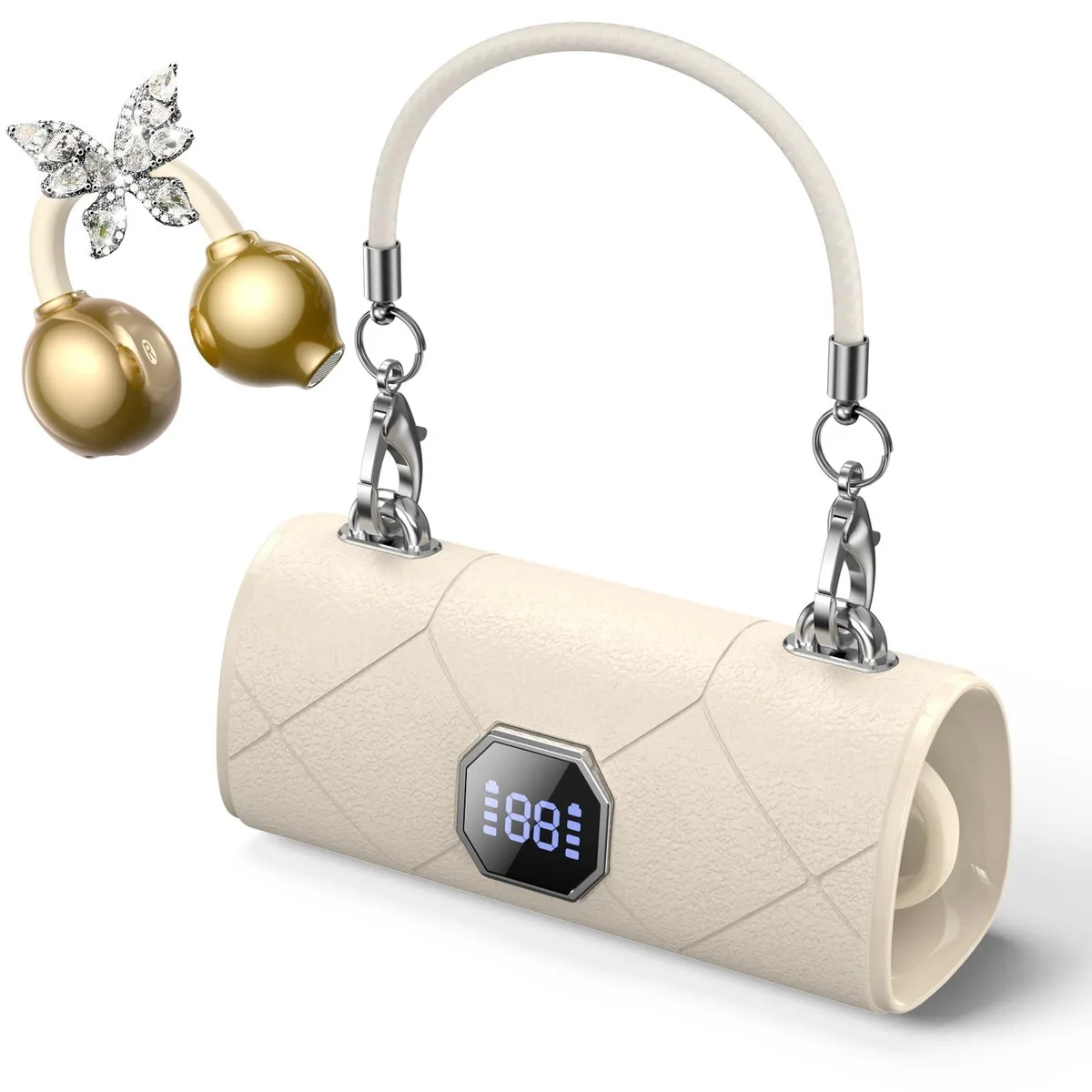 Cream open-ear clip headphones with butterfly earring design and purse charging case