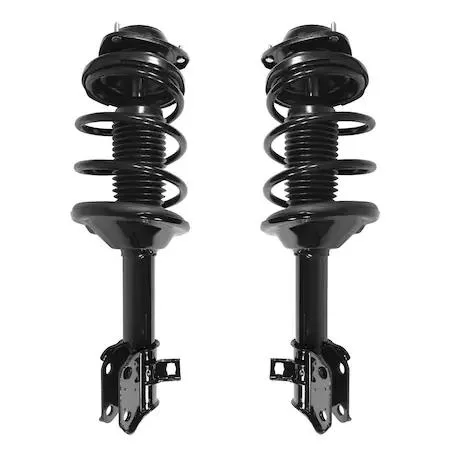 Front complete strut assembly kit, two silver struts with coil springs and top mounts, ready to install