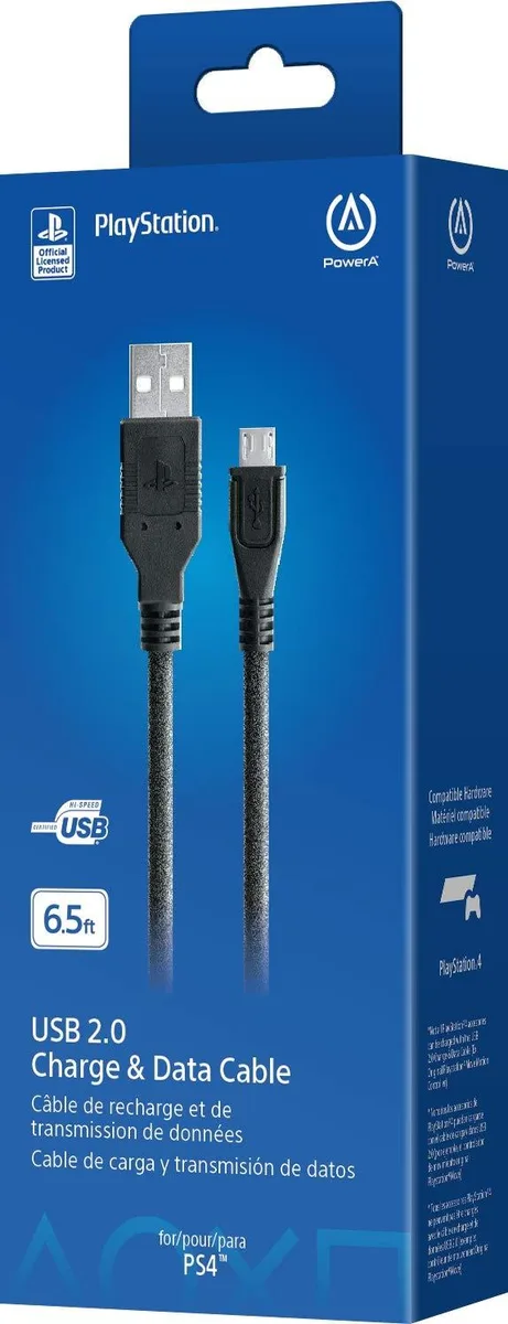 Black USB-A to Micro-USB cable, 6.5 ft long, gold-plated connectors, ferrite coil, coiled packaging