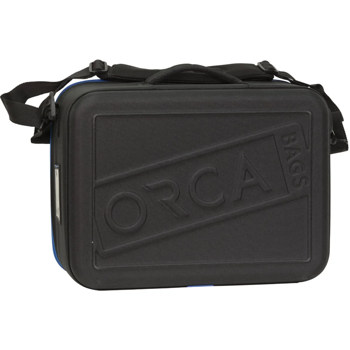 Black hard-shell accessories bag with rigid top and bottom panels, honeycomb frame, carry handle and shoulder strap
