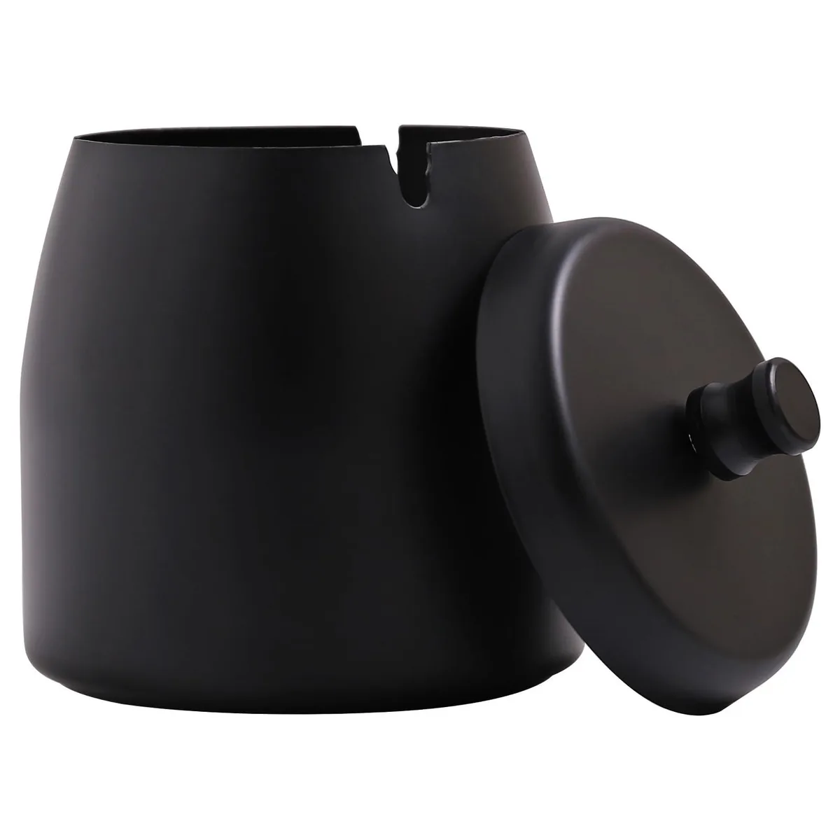 Stainless steel ashtray with lid, conical shape, black finish, 3.54 inch diameter