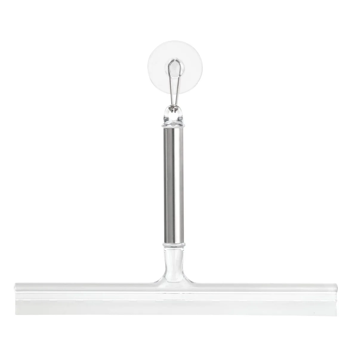 Brushed stainless steel handle, clear plastic blade, suction hook, 12 inches wide