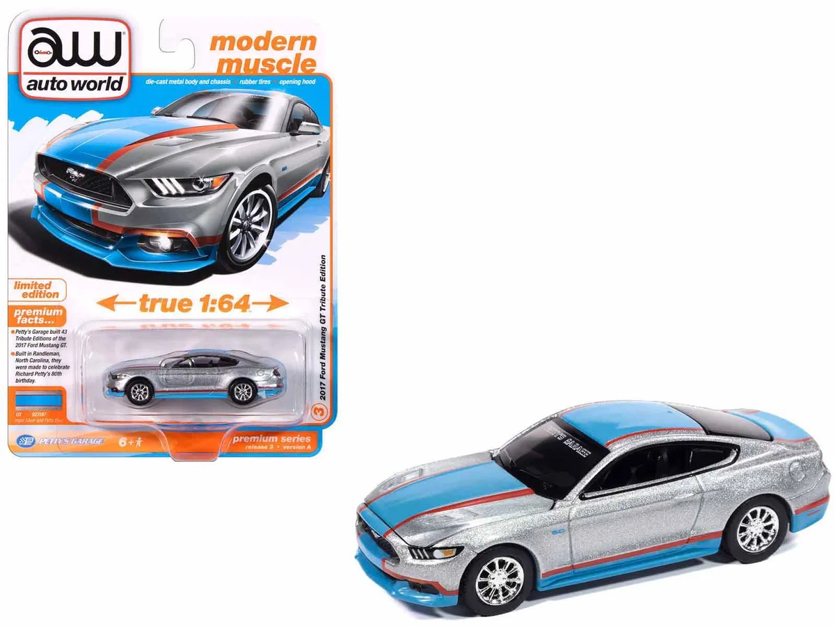 auto world Auto World 2017 Ford Mustang GT Tribute Edition Ingot Silver Petty Blue Red 1/64 Diecast — product photo