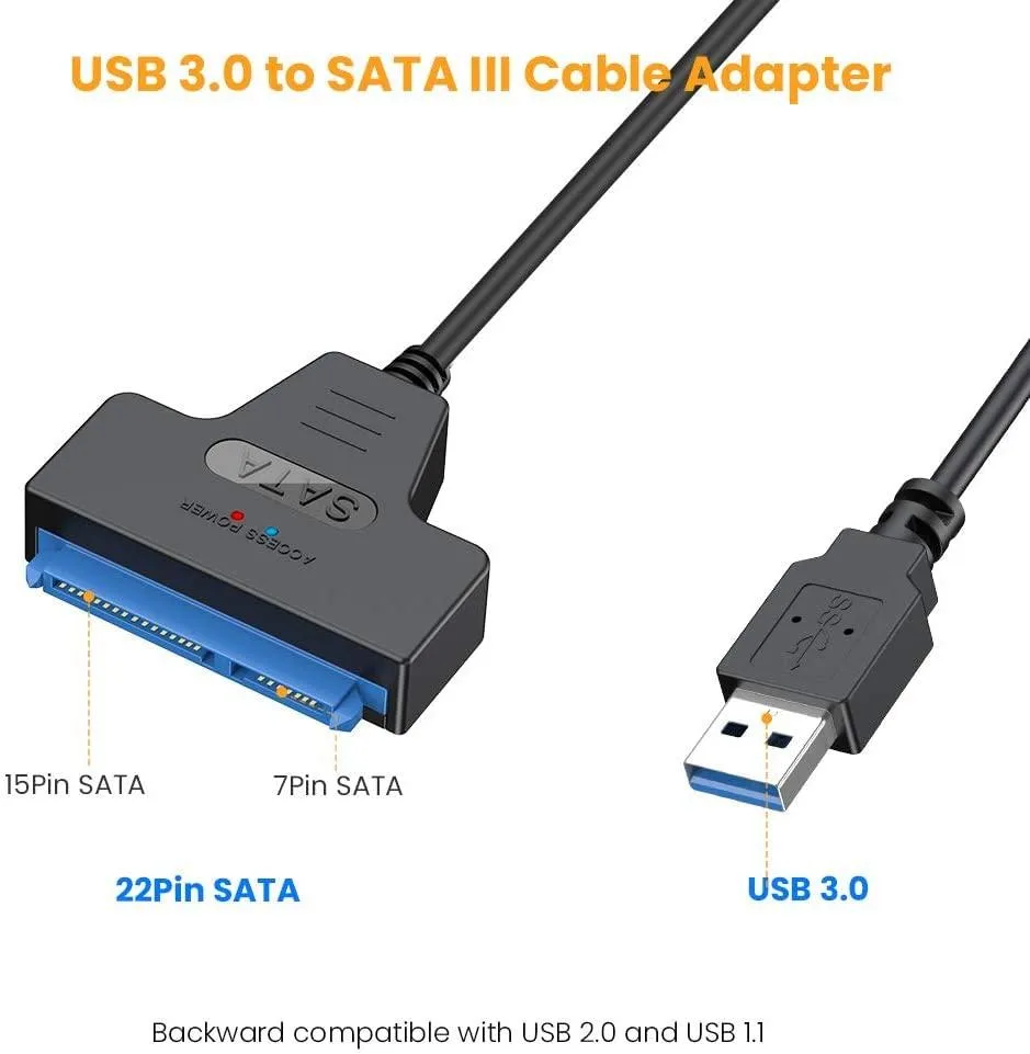 Black USB 3.0 to SATA 22-pin adapter cable for 2.5-inch drives