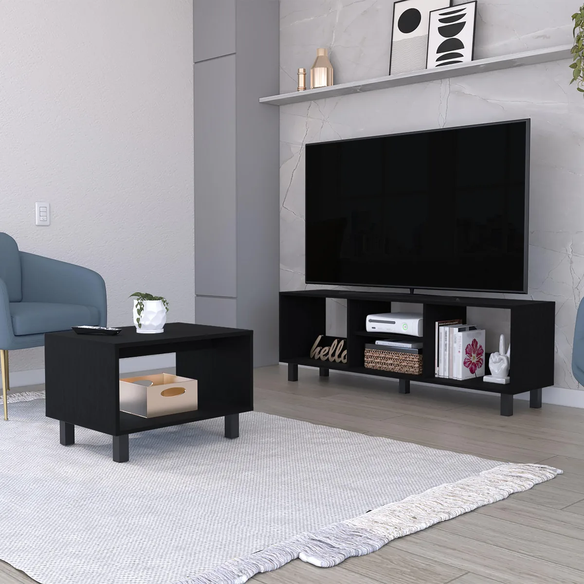 tuphen tuphen Hoven 2 Piece Living Room Set TV Rack Coffee Table Black Engineered Wood — product photo