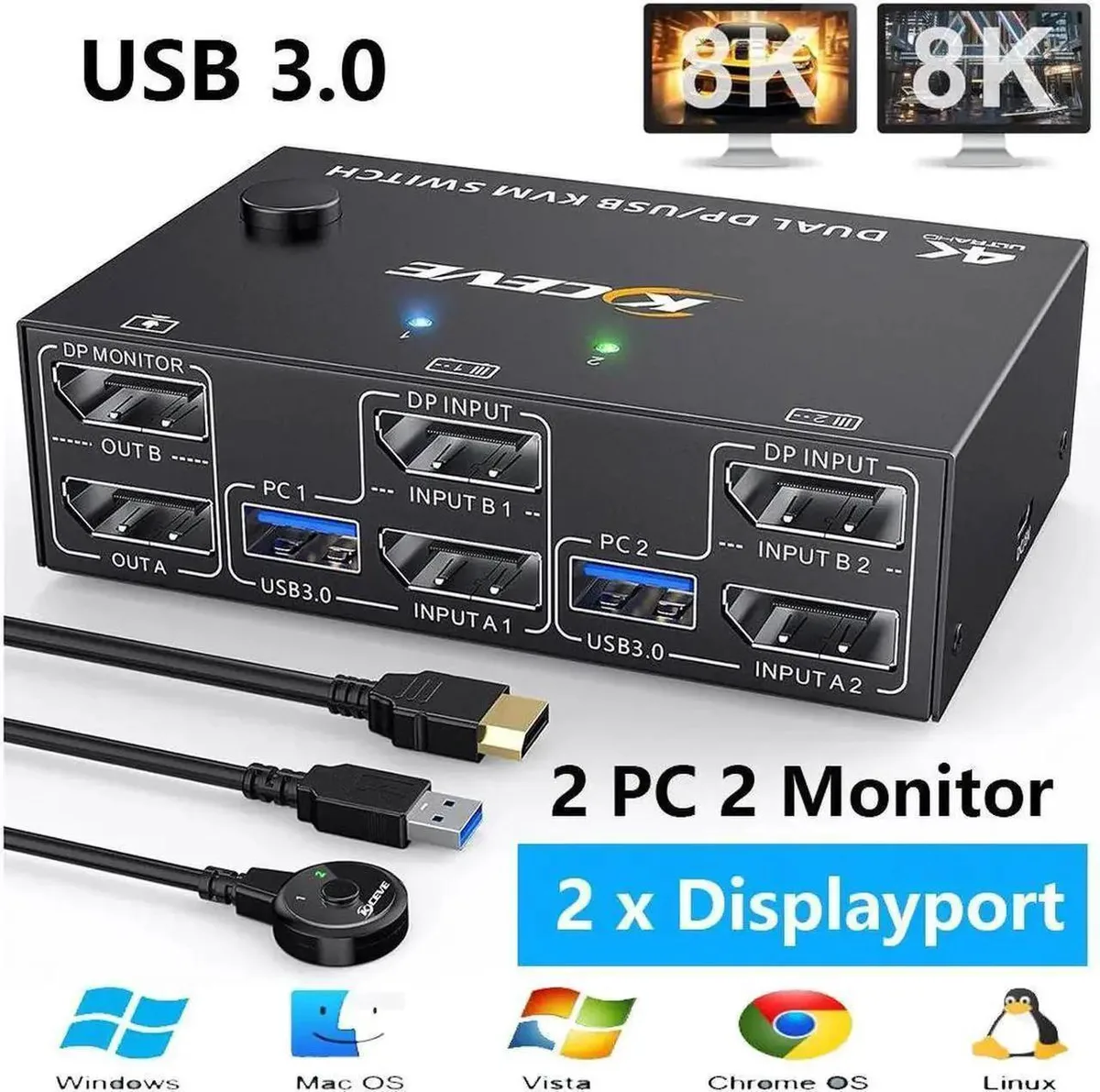 Vszerda Vszerda 2-Port DP KVM Switch 8K@30Hz 4K@144Hz 4×USB 3.0 Wired Remote — product photo