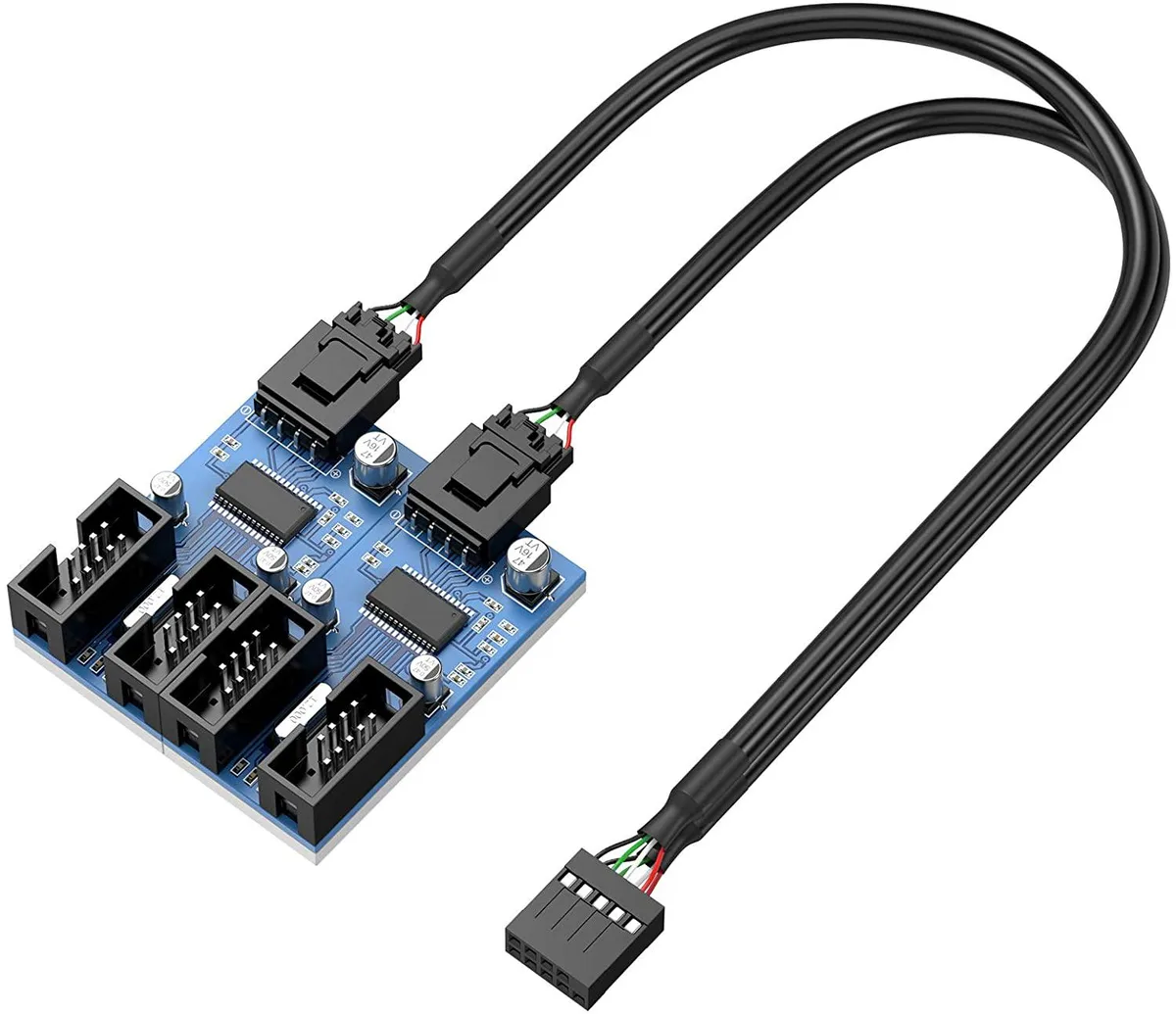 Black 9-pin USB 2.0 header splitter cable with one male and four female connectors, 30cm length
