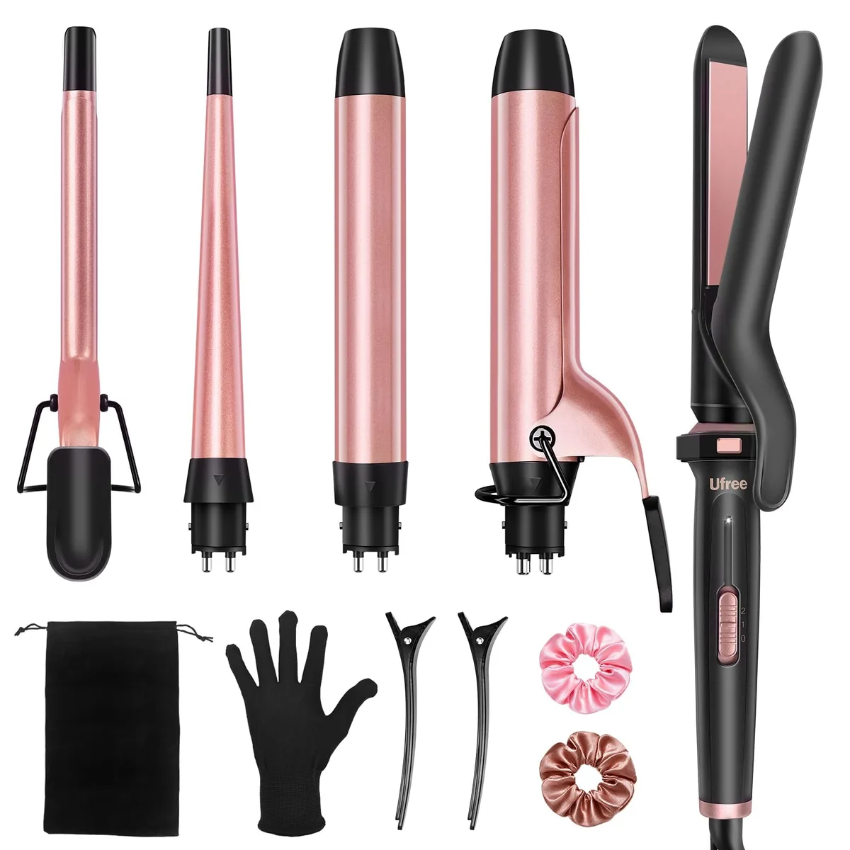  Ufree 5-in-1 Curling Iron Set Rose Gold .35-.71 .5 1 1.25 inch barrels 350-410°F — product photo