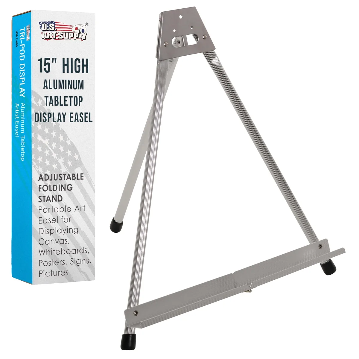 Silver aluminum tripod tabletop easel folded flat showing collapsible frame and rubber feet