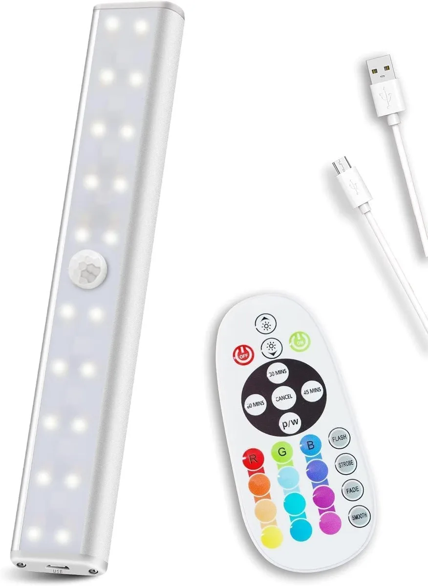A slim aluminium bar with multicolour LEDs, remote control and rechargeable battery