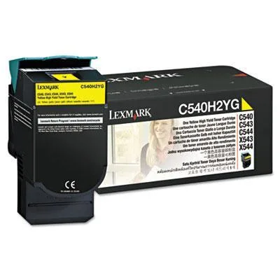 Yellow toner cartridge in a rectangular plastic shell