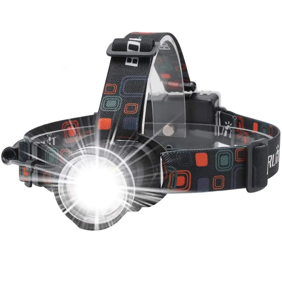Black LED headlamp with adjustable elastic headband, compact rectangular light unit