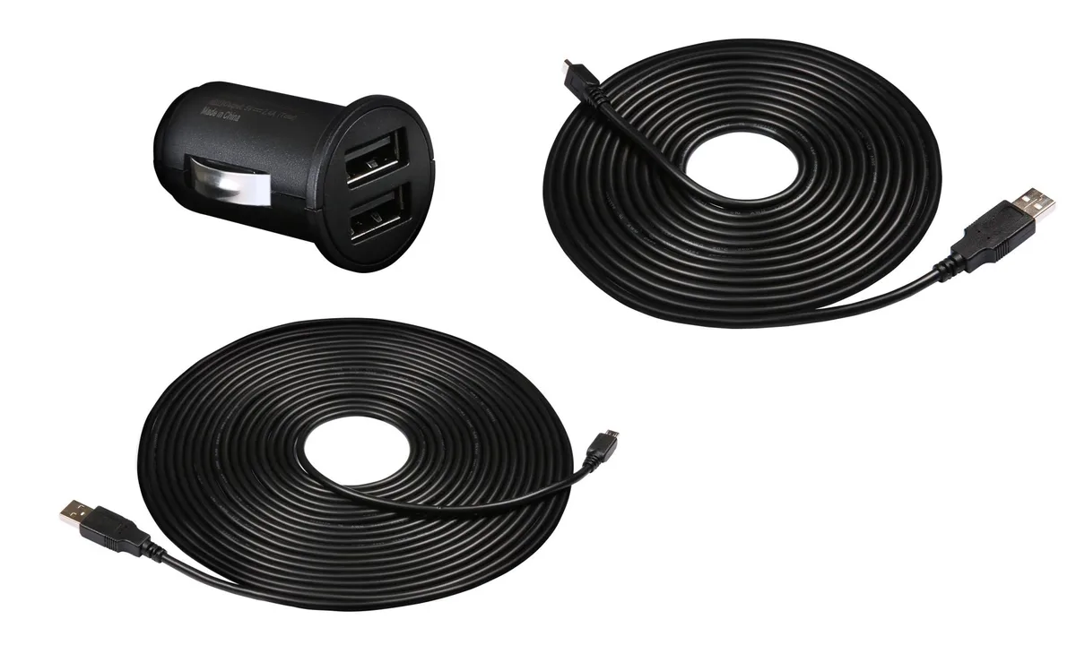 Black dual USB car lighter adapter with coiled cable