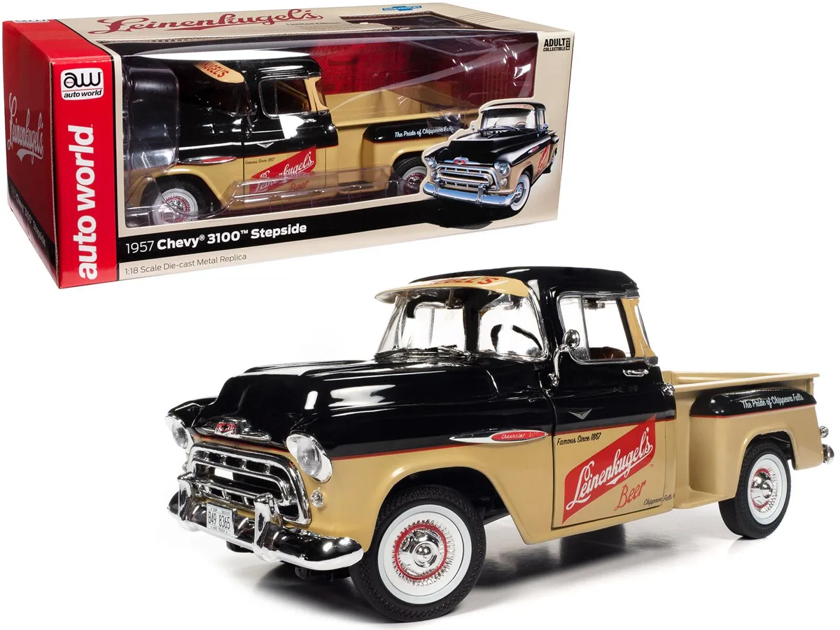 auto world Auto World 1957 Chevrolet 3100 Stepside Pickup Black and Tan with Graphics 1/18 Diecast — product photo