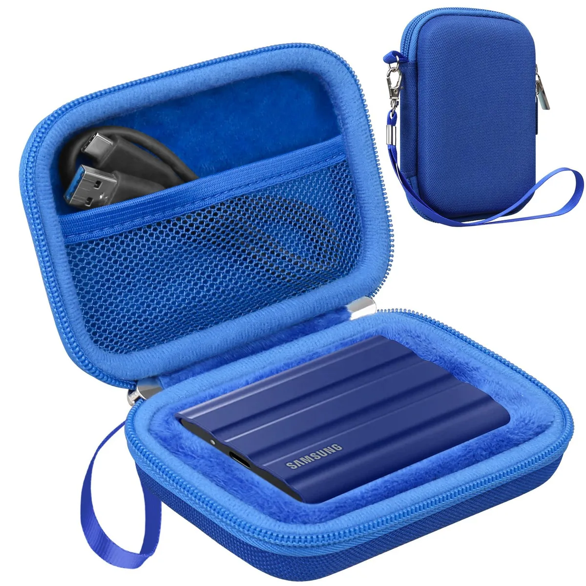 Black hard EVA carrying case with lanyard and interior mesh pocket for Samsung T7 Shield, T7, T7 Touch SSDs