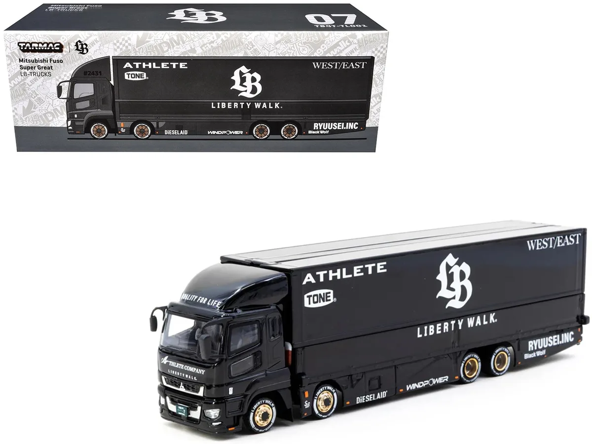 Tarmac Works Tarmac Works Mitsubishi Fuso Super Great RHD Transporter Liberty Walk Black 1/64 Diecast — product photo