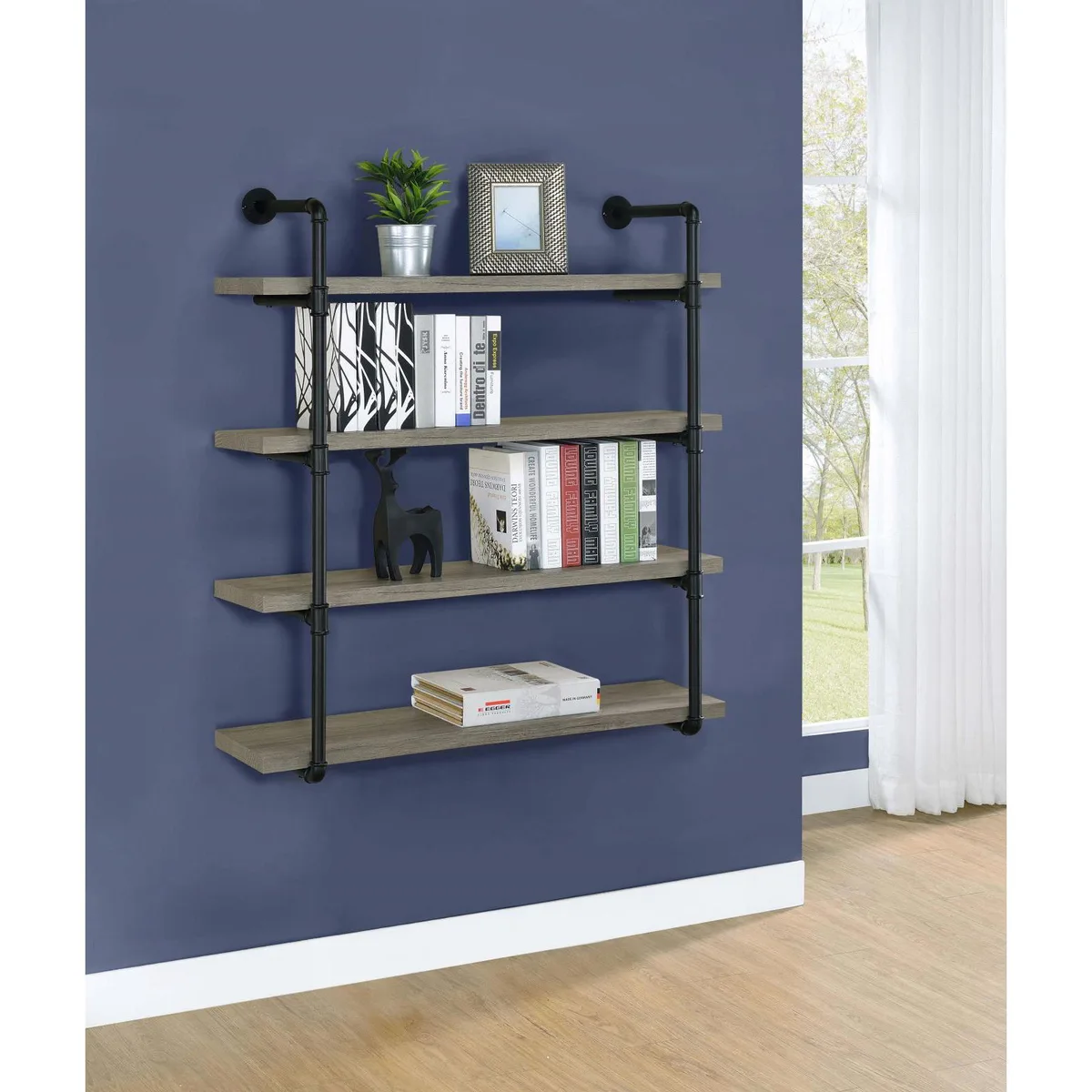 Black manufactured wood bookcase with five open shelves 12 by 19.68 inches