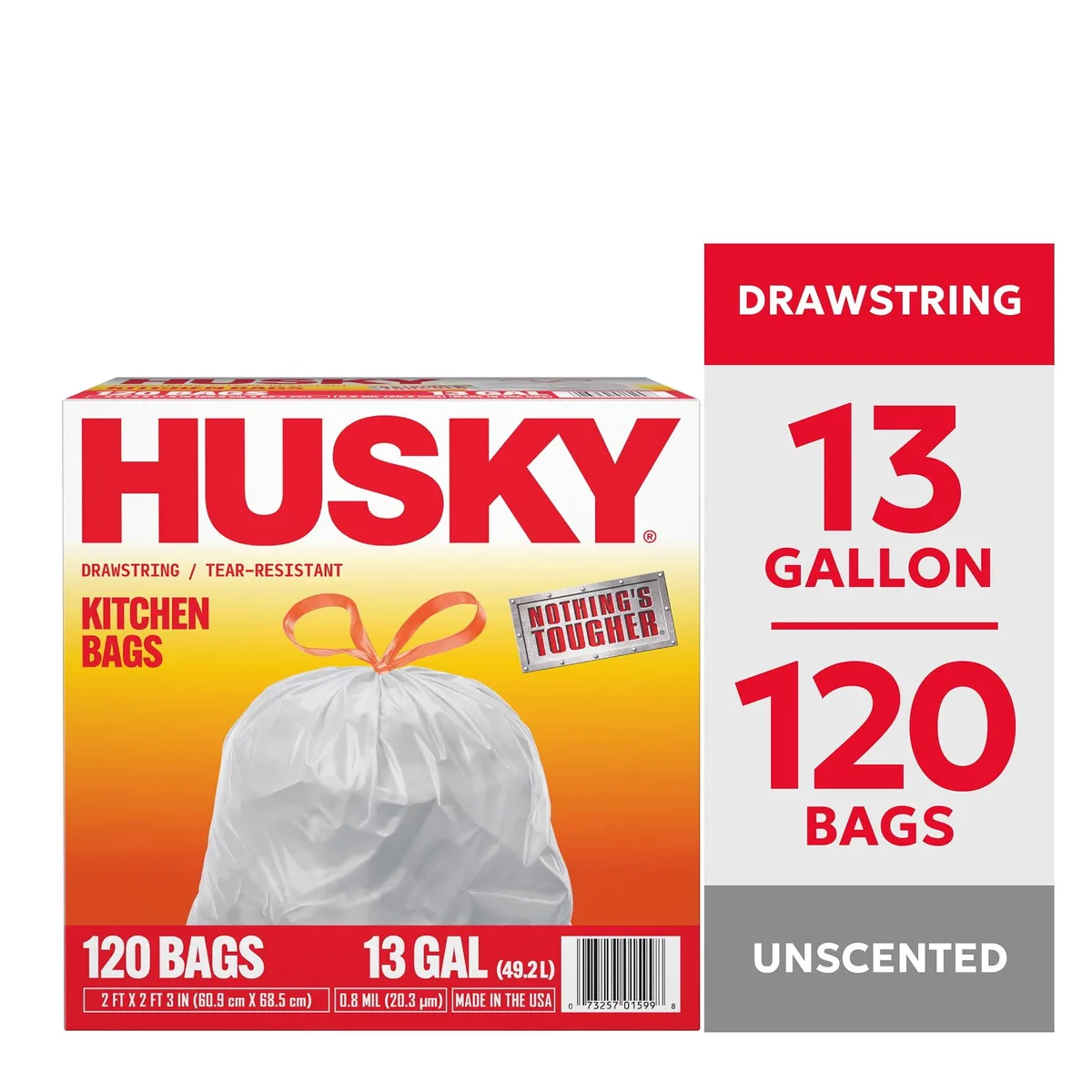 White polyethylene drawstring kitchen bags in a 120-count box