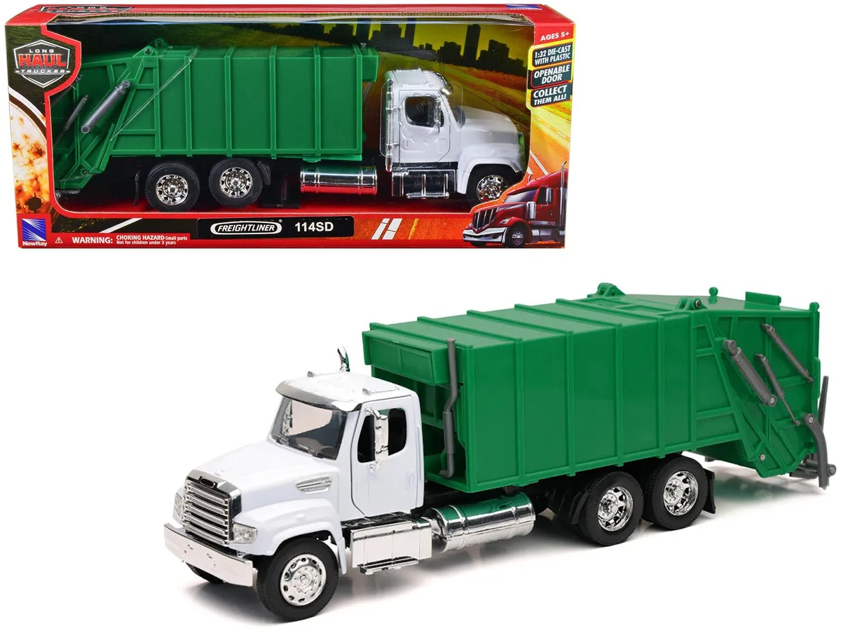New Ray Toys New Ray Toys Freightliner 114SD Garbage Truck White Green Long Haul Trucker 1/32 Diecast — product photo