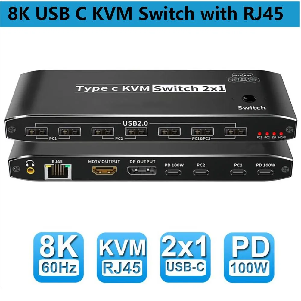 AUTYUE AUTYUE 2-Port USB-C KVM Switch 8K@60Hz 100W PD RJ45 7×USB 2.0 3.5mm Audio — product photo