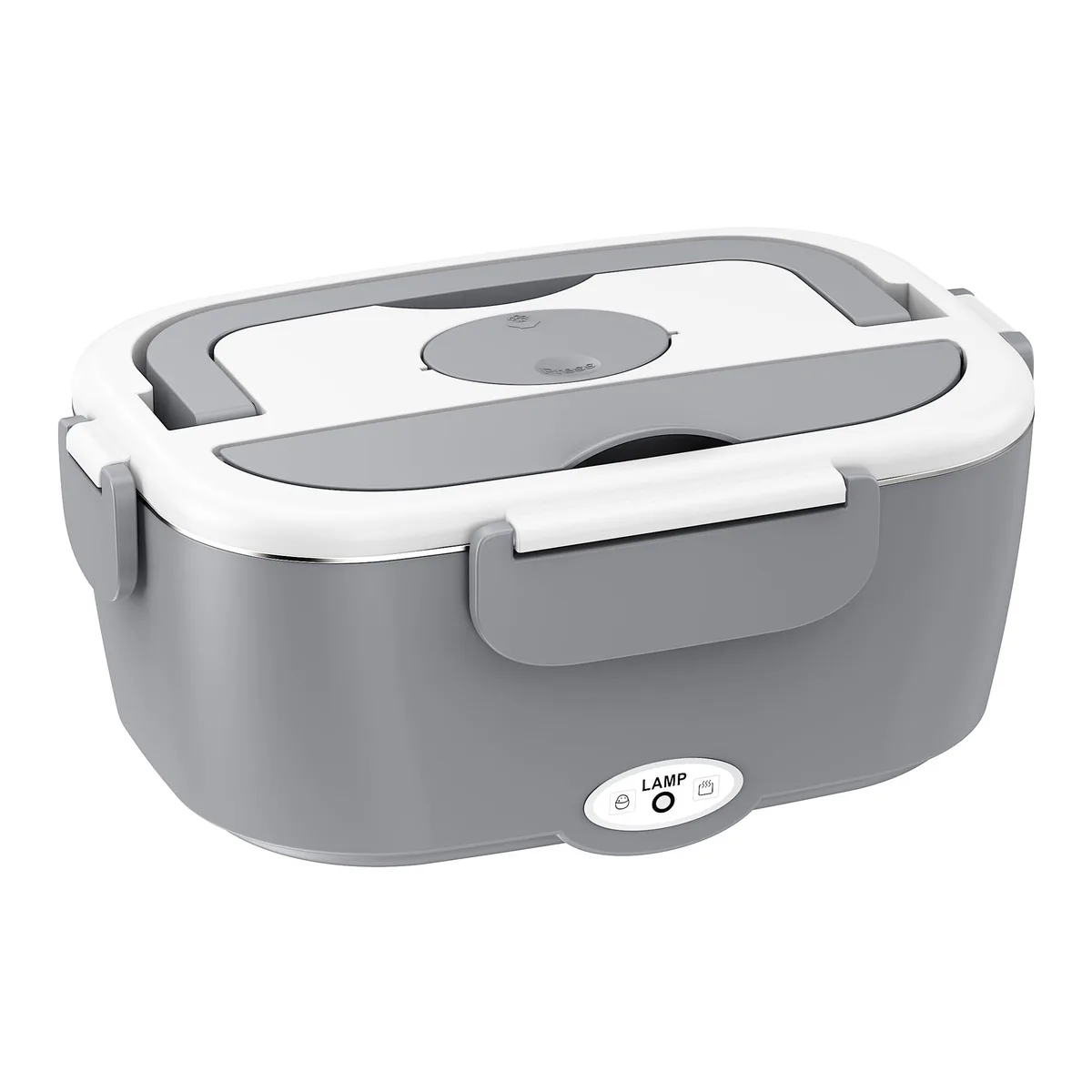 Red electric lunch box with stainless steel container and insulated carry bag